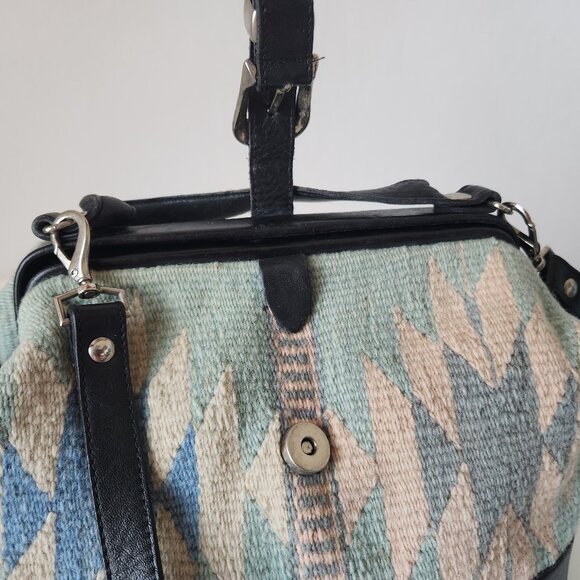 Vintage Mexican Handcraft Leather Woven-Wool Carpet Southwest Satchel Handbag - Picture 14 of 16